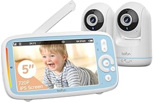 Boifun Video Baby Monitor with 2 Cameras, 5-inch 720P IPS Screen, Dual 360 Camera, No Wifi, 3050mAh Battery, VOX Mode, Invisible Night Vision, Two-way Audio, Temperature Sensor, Lullabies, Elder,Twins