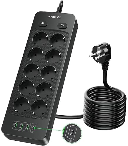 11 Voudige Stekkerdoos met 4 USB Poorten, FDTEK 3680W/16A Overspanningsbeveiliging Stekkertoren met Schakelaar en 2M Kabel, Meervoudige Stekkers Stekkerblok USB C voor Thuis, op Kantoor Wit