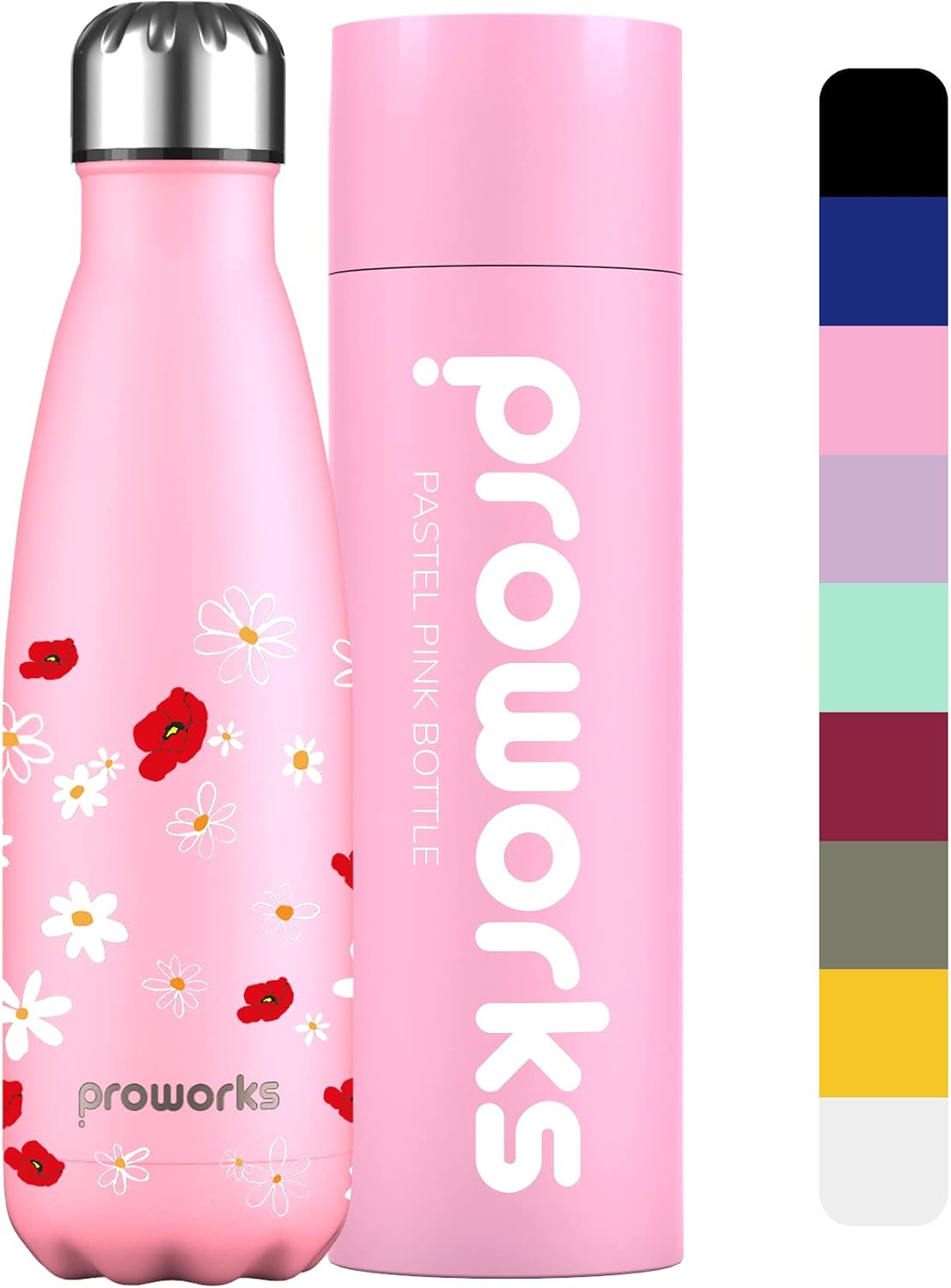 PROWORKS Insulated Water Bottle, BPA Free, Reusable Stainless Steel Water Bottle for 12 Hours Hot & Cold Hold Up to 24 Hours, for Sport, Gym, Travel - 500ml - Pink Daisy
