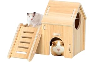 PLUSHCEWT Casa de hámster de madera, jaula de hámster multicámara con diseño de dos capas y una sola capa, accesorio para hámsters enanos, jerbos, chinchilla y mascotas pequeñas (casa de hámster, doble piso)