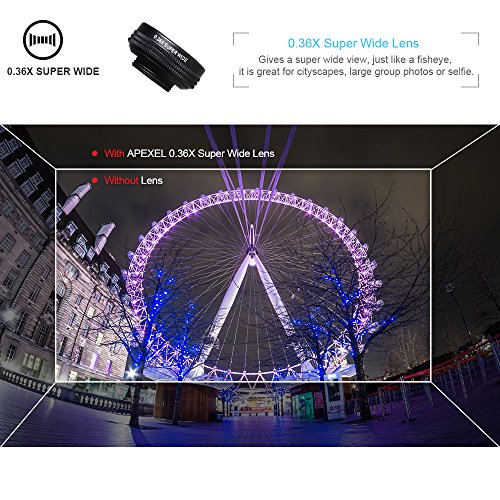 Apexel tel  fono c  mara lente 7  en 1  lente Kit 198  grado ojo de pez Lente   0 36  x Super gran angular lente   2  x teleobjetivo   lente gran angular 0 63  x y 15  x lente macro   CPL lente   Caleidoscopio para iphone ipad samsung huawei y m  s Android Smartphone y Tablet