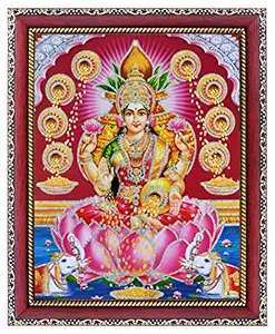 KHANNA laxmi/Lakshmi MATA on Lotus Photo Frame for Wall Hanging/Gift/Temple/puja Room/Home Decor Golden Frame with Acrylic Sheet (Glass) for Worship