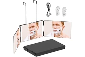 Jacgood 360 Grad Spiegel mit Licht, 3 Wege Spiegel, Klappspiegel Höhenverstellbarer Wiederaufladbarer Kosmetikspiegel Rasierspiegel mit Haken & 5X Vergrößerungsspiegel für Makeup Rasieren Frisieren