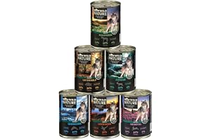 Dehner Wild Nature Hundfoderprovset, våtfoder spannmålsfri/sockerfritt, för vuxna hundar, anka/häst/vilt/kanin, 6 x 400 g burk (2,4 kg)