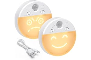‎OUSFOT Lampka Nocna z Czujnikiem Ruchu OUSFOT, 63 Diody LED do Ladowania, Wbudowana Uśmiechnięta buźka, 2 Sztuki Lampek Nocnych Sypialni dla dzieci i Dorosłych, na Schody,Kuchni i Salonu