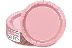 PTECDROTS 50Pcs Pink Paper Plates - 9” Pink Birthday Bulk Paper Plates Round Dinner Plates for Girls Baby Shower Gender Reveal Party Decorations