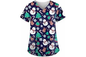 Splrit-MAN Christmas Scrubs Nurses Top Cute Pattern V Neck Uniform Classic Fit Short Sleeve Utility Shirt Beauty Salon Scrub Tunic Health Care Uniforms Cat Grooming Work Wear Hospital Tunics