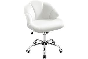 Yaheetech White Vanity Office Desk Chair with Back & Wheels Dressing Table Chair Makeup Bedroom Velvet Upholstered Armless Swivel Chair with Shell Back for Home Office