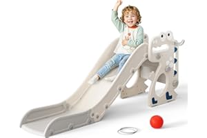 Krovtoy Kids Slide,Toddler Slide Freestanding with Basketball Hoop,Toddler Climber, with Corridor, Telescope,Baby Slide Playground Equipment, Garden Slide,Kids Slides Outdoor (Dinosaur- beige grey)