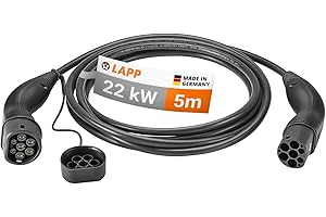 LAPP MOBILITY 22KW Cable Recharge Voiture Electrique 5m Type 2 Cable Charge Voiture - IP55 Résistant à l'eau Cable Type 2 22KW 32a - Câble Recharge Type 2 Mode 3 - Noir - Fabriqué en Allemagne