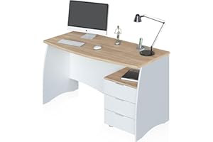 duehome | Mesa de Despacho con 3 Cajones, Mesa de Oficina o Estudio, Modelo Elan, Acabado en Balnco Artik y Roble Canadian, Medidas: 136 cm (Ancho) x 67 cm (Fondo) x 74 cm (Alto)