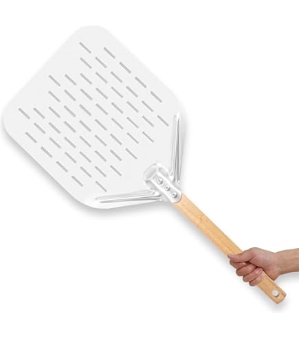 TFLPUO Pizzaschep van Hout, 25,4 cm Pizza Schep, Pizzaschouder met Houtgreep, Roestvrijstalen Pizzawender, Ronde Pizzaschep met Houtgreep om op te Hangen voor Pizza, Brood, Koekjes en Taarten, Zilver
