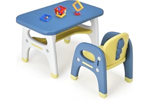 LIFEZEAL Tavolino e Sedia per Bambini 1-5 Anni, in Plastica, con Blocchi da Costruzione, Tavolo Multiattivita con Ripiano, Sedia con Schienale e Braccioli a Forma di Dinosauro, Cameretta, Blu