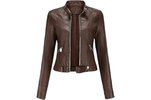 POLPQED Cazadora Cuero Mujer Negra Cazadora Polipiel Mujer Chaqueta Cuero Mujer Marron Leather Jacket Chaqueta Corta Para El Otoño, Primavera, Slim Parka Mujer Cuello de Solapa 5 Colores S,M,L,Xl,Xxl