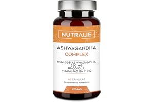 Ashwagandha KSM-66 - Rhodiola Rosea Vit B6 B12 - Ginseng Indio BIO-disponible con 5% de Whitanólidos y Vitaminas B6 y B12-60 Cápsulas Veganas Nutralie