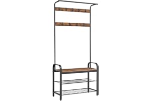 VASAGLE Perchero Zapatero, Perchero con Banco Recibidor, 4 en 1, 9 Ganchos Extraíbles, Barra Superior, para Entrada Pasillo, 33,7 x 84 x 183 cm, Industrial, Marrón Rústico y Negro HSR400B01