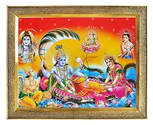 KHANNA Vishnu laxmi/Lakshmi ji on sheshnag with Shiva Brahma ji Garuda narad Muni Photo Frame for Wall Hanging/Gift/Temple/puja Room/Home Decor Golden Frame with Acrylic Sheet (Glass) for Worship