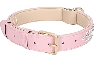 LEACOOLKEY Wyściełana obroża dla psa ze skóry, regulowana, wysadzana diamentami obroża dla małych, średnich i dużych psów, różowa, 48 cm