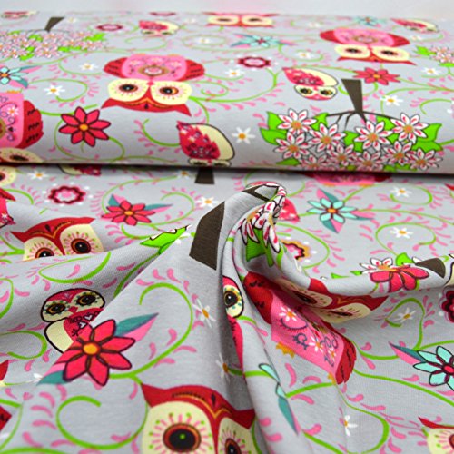 Jersey-Stoff „Indie Eule“ bunt / Kinder-Baumwoll-Jersey / Beste Öko-Tex Qualität / Meterware ab 50cm / UX-10-5 (01. Rot Pink Grün auf Grau) - 5