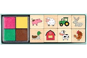 Moses Farm Stamp Set for Children, 8 Different Wooden Stamps Set with Children's Stamps and Four-Coloured Ink Pad, in Practical Gift Box with Viewing Window