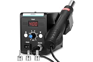COVVY Estación de retrabajo de aire caliente con pantalla LCD, estación de soldadura de temperatura y volumen ajustable 858D, 3 boquillas de aire caliente, 700 W para soldadura y reparación SMD