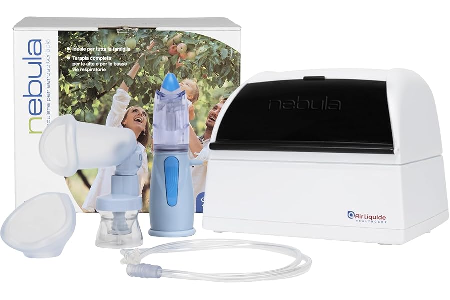 Air Liquide Healthcare, NEBULA Complete Aerosol Therapy System for Adults and Children, Equipped with RINOWASH, NEBULA SPACER and Pediatric Mask, Ideal for the Whole Family, Complete Therapy