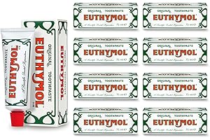 Euthymol Originale Dentifricio 75 ml x 8, senza fluoro, antiplacca, antibatterico, protezione della cavità, denti e gengive pulite e sane, rinfrescante alla menta, igiene orale quotidiana con smalto