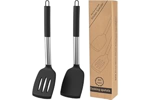ROJINKADE Pack of 2 Large Silicone Turner Spatula, Heat Resistant Silicone Solid Spatulas, BPA Free Cooking Spatula Turner, Non Stick Slotted Kitchen Spatulas for Eggs Pancakes Baking Frying (Stainless Steels)