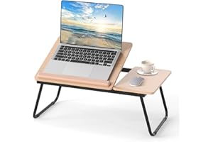 COSTWAY Table de Lit Pliable 55 x 32 cm, Plateau de Lit pour Ordinateur Portable avec 5 Angles d'Inclinaison Réglables, Cadre en Métal, Idéal pour Lecture, Travail, Petit Déjeuner (Naturel)