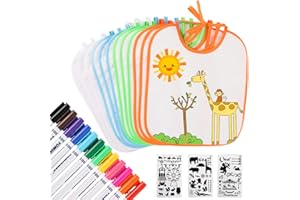 HOTSAN Lätzchen zum Bemalen - 12 Stück Weiße Lätzchen zum Malen, 26 x 30 cm Babylätze Anmalen, Doppelseitiges Babylätzchen mit 12 Textilstiften & 3 Malschablonen, Lätzchen Bemalen für DIY-Babyparty-Spiele