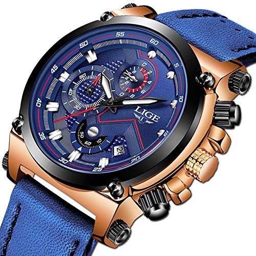 LIGE Hombre Relojes Moda Impermeable Relojes Clásico Negocios Analogicos Cuarzo Relojes con Ocio Azul Correa de Cuero Relojes