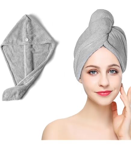 THQAE 3 stuks microvezel haarhanddoeken voor het drogen van het haar, super absorberend, sneldrogende tulband met knopen voor de badkamer om droog haar te fixeren