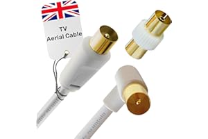 CABLE MOUNTAIN 1m TV Aerial Cable - Right Angled Plug with Adapter - Male To Male Gold Plated RF Tv Cable - Antenna AV Lead for Freeview, Freesat, Tv Antenna Extension - White