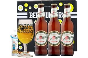 DTTRA San Miguel Especial Spanish Lager 330ml Bottles Gift 3 Pack with Branded Glass - World Beer Gifts for Men and Women, Beers and Lagers Offers, Craft Beer Gift Set, Mens Birthday Gifts for Him for Her
