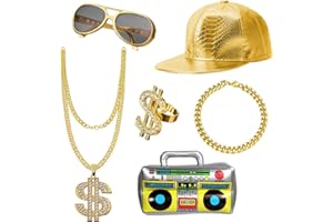 UBERMing Kit de Costume Hip Hop avec Boîte Radio Gonflable Lunettes de Soleil Chapeau et Or Signe de Dollar Collier Bracelet Anneau Accessoires de Rappeur des Années 80/90 pour Concerts de Rap