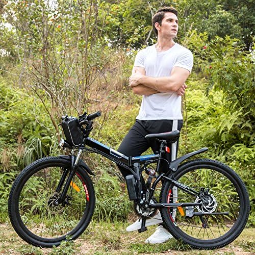 Folding Electric Mountain Bike with 26" Large Capacity Lithium-Ion Battery (36V 250W), Electric Bike with Super Lightweight Magnesium Alloy 6 Spokes Integrated Wheel and Shimano Gear (White&Blue-2)