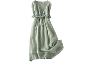 Zeiayuas Vintage Linen Dresses for Women UK Cotton Linen Maxi Dresses Lace Up Round Neck Half Sleeve Dress Pleated Boho Beach Holiday Dresses Summer Casual Tunic Dress Elastic Waist Tie Long Dress