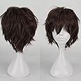 Cybelleza Anime Cosplay Wig Short Brown Wigs for Women/Men Synthetic Curly Straight Fancy Dress Wig Layered Fluffy Halloween Costume Party Carnival Wig with Free Cap, Dark Brown