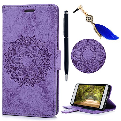 Funda Libro Huawei P8 Lite 2015  Funda Billetera  Lanveni Carcasa de Impresi  n Cuero PU con Carcasa TPU Interna  Cierre Magn  tico y Funci  n de Soporte  Dese  o de t  tem - Funda Violeta   L  piz capacitivo   Tap  n antipolvo 
