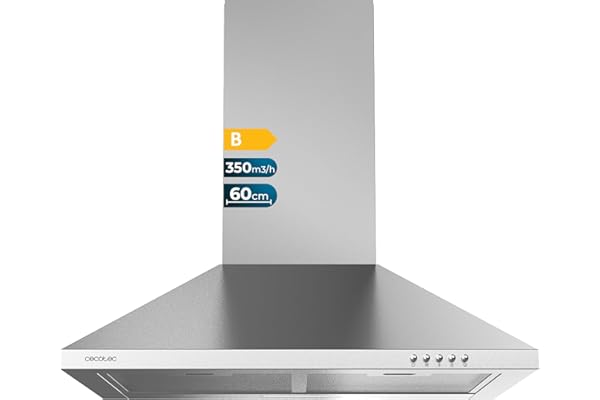 Cecotec Campana Extractora Piramidal de 60cm Bolero Flux PM 603500 Inox B. Motor 65W, Acabado Inox, Succión 350m3/h, Control Mecánico, 3 Niveles de Potencia, Luz y Filtro de Carbono