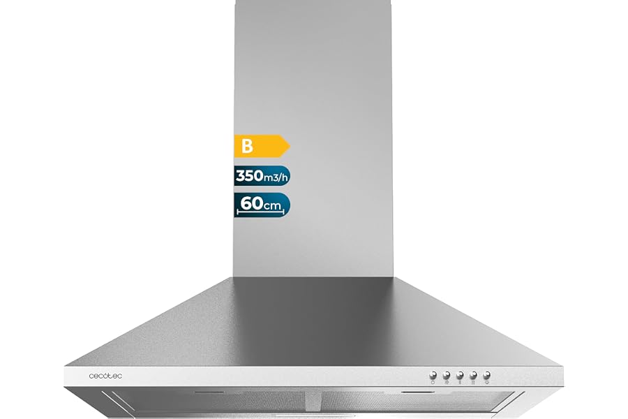 Cecotec Campana Extractora Piramidal de 60cm Bolero Flux PM 603500 Inox B. Motor 65W, Acabado Inox, Succión 350m3/h, Control 
