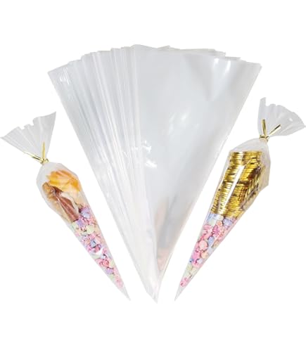 TAKUZA SüßIgkeiten Lot De 100 Sachets En Forme De Cônes Transparents De 30 X 16 Cm Avec 100 Rubans Torsadés Dorés Pour Bonbons Et Biscuits Pour Noël