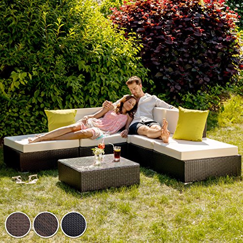 TecTake Hochwertige Aluminium Polyrattan Lounge Sitzgruppe mit Glastisch inkl. Kissen und Klemmen antik braun - 3