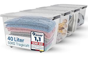 2mGoods - 4er Set 40L robuste Aufbewahrungsboxen mit Deckel L50xB35xH30 cm inkl. Rollen, große Plastikboxen, stapelbar, BPA-frei, transparente Ordnungsboxen für Wohnung, Keller, Werkstatt & Umzug