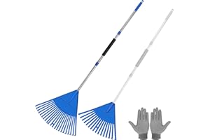 YUETOGUO BOCAI Garden Leaf Rake, Include 2PCS 22+16Tines Plastic Head & Garden Gloves, Lightweight Stainless Steel Handle,Garden Rake for Leaves to Collect Loose Debris , Shrub, Lawns, Flower Beds Blue 1