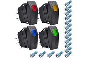 Gebildet 4pcs 12V/20A, 24V/10A Impermeabile Interruttore a Bilanciere, ON-OFF Interruttore a Levetta per Barche Marine (Rosso, Giallo, Blu, Verde)+16pcs Terminale(6.3mm)