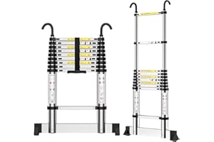 EOXCIIU Telescopic Ladder 2.9m, Aluminium Extendable Ladder with Hooks and stabiliser, Height Adjustment, Convenience for Home, Attic Access, etc.