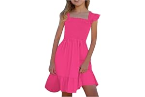 Dmmtot Vestido de verano para niña, casual, de playa, liso, con volantes, acampanado, plisado, corto, casual, de algodón, cómodo, de 3 a 14 años