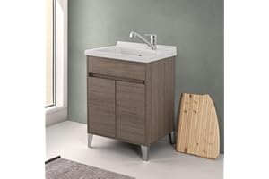 INBAGNO Mobile Lavatoio 60x50 Cm Rovere Scuro Way Con Vasca In Ceramica Dolomite, Struttura Già Montata In Legno Nobilitato Con 2 Ante E Apertura A Gola Asse Non Inclusa