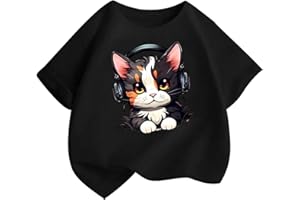 KODMNSW T-Shirt Mädchen T Shirt Kinder Tshirt Sommer Tops Baumwolle Rundhals Kurzarm Oberteile Katze Druck Kurzärmelige Coole Klamotten für Teenager 2-14 Jahre Alt